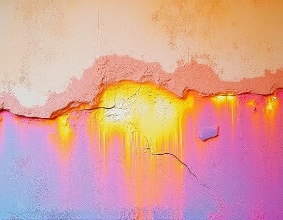 Immagine di una parete affrescata romana visualizzata attraverso una termocamera, mostrando variazioni di colore che indicano aree di umidità o deterioramento nascosto.