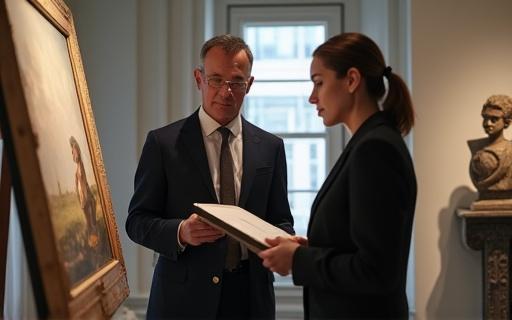 Professionista che analizza un'opera d'arte con un cliente.